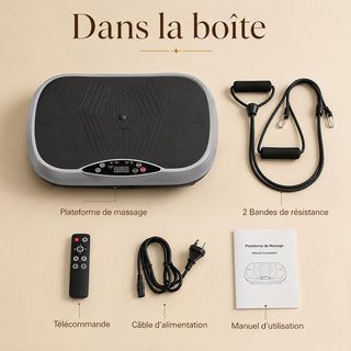 Contenu de la boîte VibingOne avec plateforme vibrante, télécommande, bandes de résistance, câble et manuel