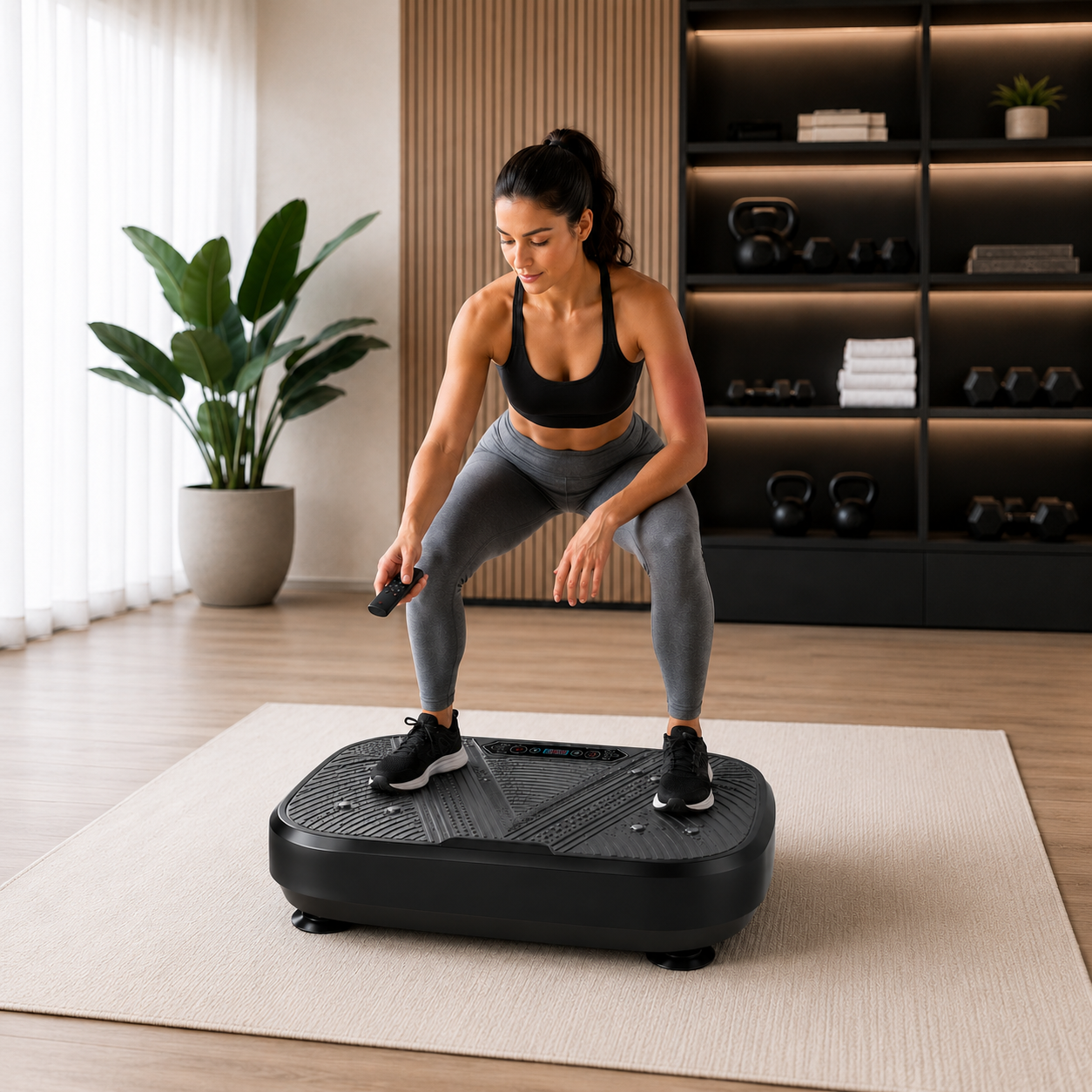Femme utilisant la plateforme vibrante VibingOne pour un entraînement à domicile