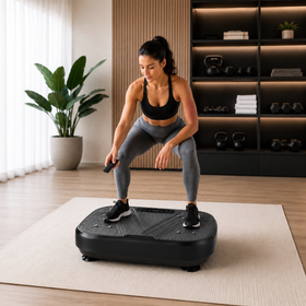 Femme utilisant la plateforme vibrante VibingOne pour un entraînement à domicile