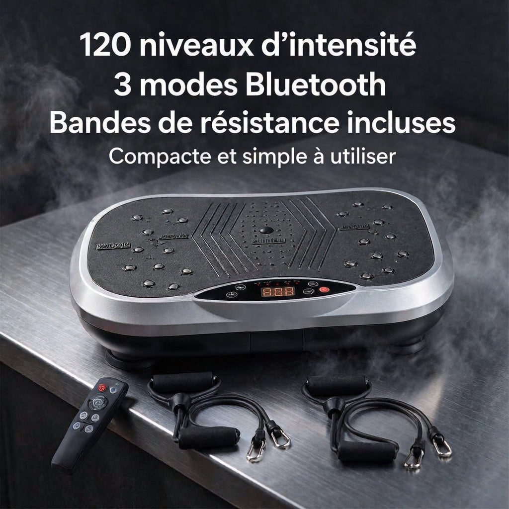 Plaque vibrante fitness VibingOne avec Bluetooth, télécommande et bandes de résistance