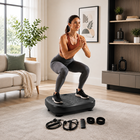 Femme utilisant la plateforme vibrante VibingOne pour un entraînement à domicile