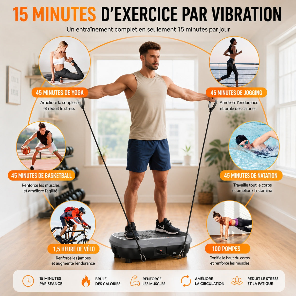 Homme utilisant la plateforme vibrante fitness VibingOne avec bandes de résistance